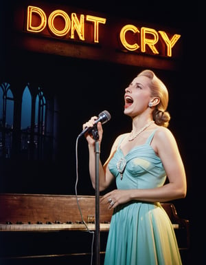 Color Photo of Eva Peron singing "Don't Cry for Me, Argentina" at a Broadway Musical, Stage Neon Sign "Evita"