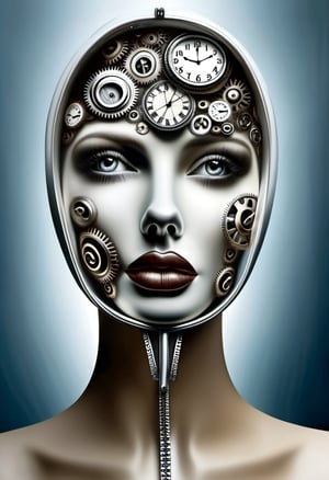 Surrealist art. Head of a female mannequin looking up. Her face is open zipper, clocks and intricate gears inside the face. hyper realistic photograph,  photo background,  cup,  realistic,  watercraft,  close-up,  holding,  water,  1girl . Dreamlike,  mysterious,  provocative,  symbolic,  intricate,  detailed,