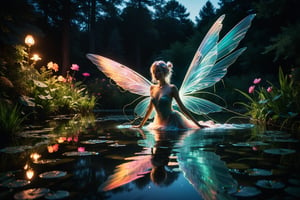 Close-up Photo of a water fairy gliding over a pond, reflections in the water, night scene. ral-exposure, in the style of double exposure, neon art nouveau, long exposure, wimmelbilder, layered lines, neonpunk, chiaroscuro, best quality, masterpiece, highres, absurdres, incredibly absurdres, huge filesize, wallpaper, colorful,8K,RAW, Style by J.C. Leyendecker. Canon 5d Mark 4, Kodak Ektar, 35mm,Long_Exposure 