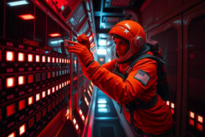 A female astronaut in an orange spacesuit is floating inside a dimly lit spaceship. She is carefully removing rectangular components from a wall panel filled with glowing lights, each piece sliding out one by one. The corridor is bathed in a red glow, with reflections of light creating a tense atmosphere. The astronaut's face is partially visible through her helmet, showing focus and determination as she works to disable the system. The background features the same iconic grid pattern, emphasizing the cold, mechanical nature of the environment."