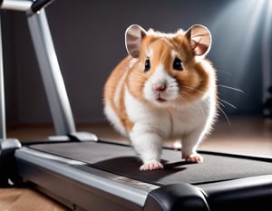 Photo,  Hamster exercising on a treadmill,  home gym, dumb bells, exercise equipment, harsh lighting