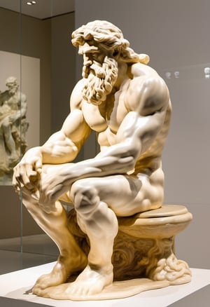 Zeus made of wool, squatting on a Toilet Seat, art by Auguste Rodin,w00len