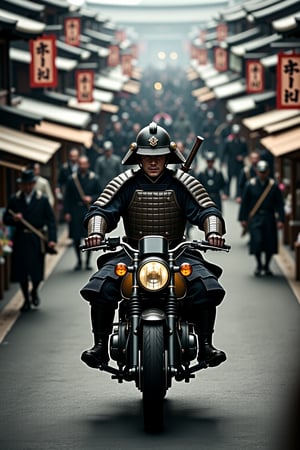 Overhead Closeup Shot of a samurai riding a motorcycle across a busy street in Kyoto, set in the year 1800. The samurai, has a serious expression, wearing traditional armor, has his katana sheathed at his side as he speeds through the bustling market street, filled with merchants, pedestrians, and wooden stalls. 