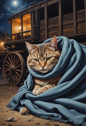 Oil painting. Close up of a cat is sleeping under a blanket, night scene, beside an abandoned wagon, old west
