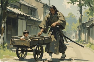 sketch painting. Long shot.  wide angle shot of a stoic samurai dressed in traditional tattered kimono pushes a wooden cart through a serene yet dangerous landscape. Inside the cart sits a small child, quietly observing the world with wide eyes, drawing clear inspiration from "Lone Wolf and Cub." The samurai's hand grips the handle of the cart firmly, while his other hand rests on the hilt of his katana, ready for any threat. The background is a misty forest or ancient village, with hints of danger lurking in the shadows. The scene exudes a sense of duty, protection, and the quiet intensity of a warrior's journey.