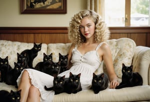 Photo of a blonde woman, perm wavy hair, white sundress, on sofa, surrounded by a group of black cats.  Style by J.C. Leyendecker. Canon 5d Mark 4, Kodak Ektar, 35mm, raw file