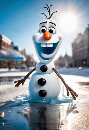 Photo of a Olaf from Disney frozen movie made with water, half melted into a puddle of water under the bright sun