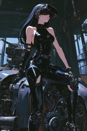 1980s anime film,mia,ando lyh. Anime Style. A striking, futuristic scene depicts a woman dressed in sleek, form-fitting leather attire, sitting confidently atop an open power suit, inspired by the cyberpunk aesthetics of Masamune Shirow. The power suit, a blend of advanced technology and military-grade armor, features intricate mechanical details, exposed wiring, and a robust, yet streamlined design. The woman, wearing a cutting-edge VR headset, exudes a sense of control and mastery over the machine beneath her. Her posture is relaxed yet commanding, with one hand resting on the suit’s metallic surface and the other casually holding a piece of advanced tech. The background is a high-tech industrial setting, with dim lighting that casts dramatic shadows, highlighting the fusion of human and machine. The overall atmosphere is one of futuristic coolness and cybernetic elegance, capturing the essence of Shirow’s iconic style.,