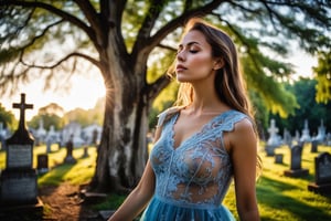 Photo.  Profile of a woman in a lace summer dress, She is looking upward with her eyes closed beside a tree.  Background is a cemetery. ral-exposure, masterpiece, best quality, long exposure, dynamic streaks, luminous trails, vibrant colors, fluid movement, captivating patterns, creative experimentation