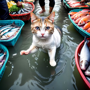 cat body surfin with fish in a market