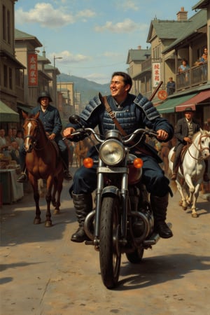 Oil painting. A race between a Samurai on a motorcycle with a man on a horse. Close up of a Japanese man dressed as a samurai riding a motorcycle across a busy street in Kyoto, set in the year 1800. The samurai, laughing while looking upward, is wearing traditional armor, has his katana sheathed at his side as he speeds through the bustling market street, filled with merchants, pedestrians, and wooden stalls. The horse rider looks at the samurai in astonishment.