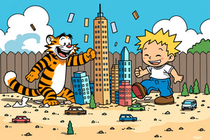 Anime style.,NijiEX style. Illustrate a playful scene inspired by Calvin and Hobbes, where the two characters are gleefully destroying a model city built in a sandbox. Calvin is on the right, with his iconic mischievous grin, is stomping through tiny buildings. Hobbes in on the right, is stomping at the  skyscrapers with his paws. The city in the sandbox is detailed with small buildings, cars, and trees, all being knocked over in their chaotic fun. The background shows a sunny day with blue skies, and perhaps a backyard fence, to set a light-hearted tone. The overall style should reflect the classic, whimsical art of Calvin and Hobbes, with a sense of carefree destruction and childlike joy.