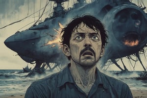 Closeup of a frightened man, eyes wide open, the narrator of War of the World, standing offcenter at the beach. Background is small warship HMS Thunder Child firing at a Tripod spaceship with three legs,