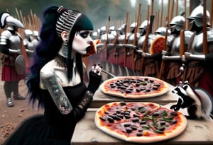 Profile of Goth girl with piercing and tattoo, cooking beans over pizza, while Roman soldiers  disperse raccoons
