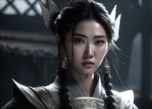 Chinese ancient style, black and gray tones, hazy feeling, sword fairy, movie shot, photo realism, shot from a low angle, a young heroine, very handsome, big eyes, focused on eyes, close-up, high cold, crazy details, movie lighting, ultra high definition, cg rendering, volume lighting, unreal engine