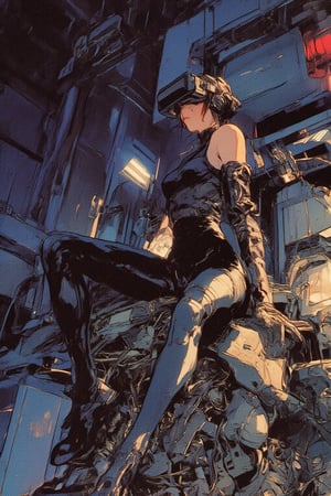 A striking, futuristic scene depicts a woman dressed in sleek, form-fitting leather attire, sitting confidently atop an open power suit, inspired by the cyberpunk aesthetics of Masamune Shirow. The power suit, a blend of advanced technology and military-grade armor, features intricate mechanical details, exposed wiring, and a robust, yet streamlined design. The woman, wearing a cutting-edge VR headset, exudes a sense of control and mastery over the machine beneath her. Her posture is relaxed yet commanding, with one hand resting on the suit’s metallic surface and the other casually holding a piece of advanced tech. The background is a high-tech industrial setting, with dim lighting that casts dramatic shadows, highlighting the fusion of human and machine. The overall atmosphere is one of futuristic coolness and cybernetic elegance, capturing the essence of Shirow’s iconic 