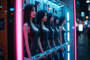 A futuristic, high-tech vending machine in a neon-lit city, selling young Japanese women as companions. All these women have long black hair, wearing a sleek, futuristic outfit, standing inside one of the vending machine's display compartments. Their expressions are a mix of resignation and intrigue. The vending machine is filled with different female figures, each representing a unique type of companion: elegant, sporty, casual, and more. The machine features glowing buttons, digital price tags, and a holographic interface. Bright neon lights reflect off the glass, creating a provocative, dystopian atmosphere. High contrast, cinematic lighting, cyberpunk aesthetics, close-up view, vibrant neon colors.
