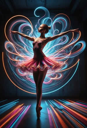 ral-exposure, profile of ballerina dacing, in the style of double exposure, neon art nouveau, long exposure, wimmelbilder, layered lines, neonpunk, chiaroscuro, best quality, masterpiece, highres, absurdres, incredibly absurdres, huge filesize, wallpaper, colorful,8K,RAW photo