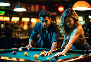 Photo. Closeup of a happy couple shooting pool at a local bar. Canon 5d Mark 4, Kodak Ektar, 35mm, neon light. Fine art photography, iconic, dynamic angle, dynamic pose, macro, photograph, sharp, focussed, Lomography Color 100, F/14, World-renowned, (designed by Olivier Valsecchi:1.2), beautiful detailed supreme quality color intricate, extremely stylish, deep aesthetic, sharp focus, magnificent, dynamic dramatic composition