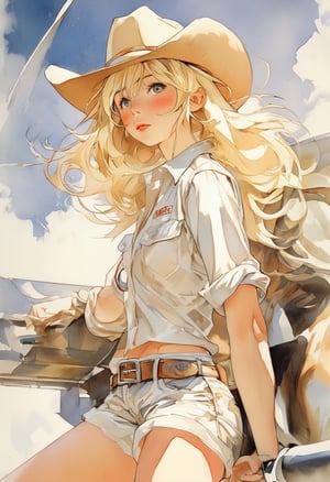 Anime Artwork, Blonde cowgirl, white short shorts, art by Makoto Shinkai, art by J.C. Leyendecker