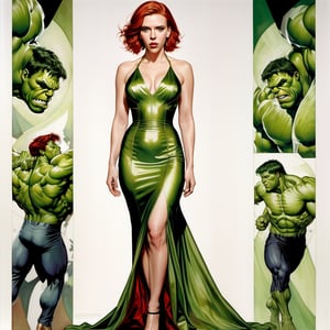 (Scarlett Johansson, wearing straight floor length dress made of a digital painting of The Incredible Hulk printed on silk) white background, red hair, art by art by J.C. Leyendecker