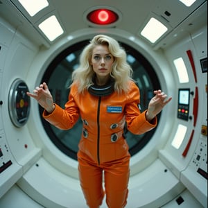 A blonde woman, dressed in a vibrant orange spacesuit, is carefully re-enacting the iconic scene from 2001: A Space Odyssey where David Bowman deactivates HAL 9000. Floating weightless Inside a sleek, futuristic spacecraft, she methodically removes the components of the HAL 9000 interface, one piece at a time. The setting is tense and sterile, with bright lighting reflecting off the white sterile surfaces, capturing the eerie, unsettling atmosphere of the original scene. The red glow of HAL's eye slowly fades as the scene unfolds, highlighting the dramatic tension between human and machine.