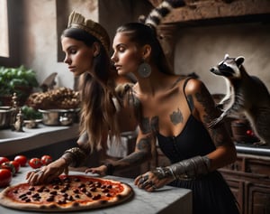 Profile of 1girl, with piercing and tattoo, Roman soldiers killingraccoons in the kitchen,  cooking beans over pizza