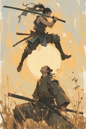 sketch painting. A shot from the ground up. A Samurai lifting his head upward. Above him, a female ninja is attacking. She holds a long katana, The scene is illuminated by the soft glow of the setting sun