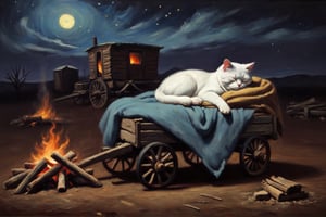 Oil painting. sleeping cat, napping under a blanket, eyes closed, night scene, beside a bonfire and an abandoned wagon, old west,painting,oil painting