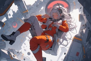 Anime artwork. Wide angle shot of a female astronaut, dressed in a vibrant orange space uniform, is carefully re-enacting the iconic scene from 2001: A Space Odyssey where the astronaut deactivates HAL 9000. Floating weightless Inside a sleek, futuristic spacecraft, she methodically removes the components of the HAL 9000 interface, one piece at a time. The setting is tense and sterile, with bright lighting reflecting off the white sterile surfaces, capturing the eerie, unsettling atmosphere of the original scene. The red glow of HAL's eye slowly fades as the scene unfolds, highlighting the dramatic tension between human and machine.