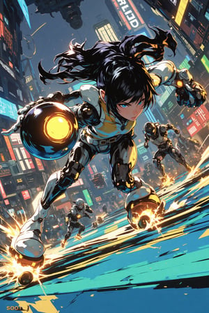  Anime style illustratoin by J.C. Leyendecker. Battle Angel Alita competing in a high-speed Motorball game, similar to Rollerball. Alita, wearing her iconic sleek cyborg armor, races through the futuristic Motorball track on rollerblades, gripping the glowing Motorball in one hand. Her face is focused and determined, with cybernetic enhancements emphasizing her power and agility. The arena is a high-tech, metallic environment with neon lights, massive crowds, and a gritty, industrial vibe. In the background, other cybernetic players chase after her, each equipped with various mechanical enhancements designed for speed and combat. Sparks fly from Alita's blades as she speeds around a sharp curve, with the atmosphere of the scene reflecting the intensity, competition, and danger of the Motorball game. The overall aesthetic is bold, dynamic, and futuristic, with a mix of cyberpunk elements and action-packed energy