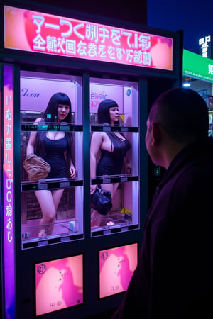 Medium shot photo of a man looking at a futuristic, high-tech vending machine in a neon-lit city, selling Japanese women as companions. All these women have long black hair, wearing a black little dress standing inside one of the vending machine's display compartments, staring. The machine features glowing buttons, digital price tags, and a holographic interface. Bright neon lights reflect off the glass, creating a provocative, dystopian atmosphere. High contrast, cinematic lighting, cyberpunk aesthetics, close-up view, vibrant neon colors.,