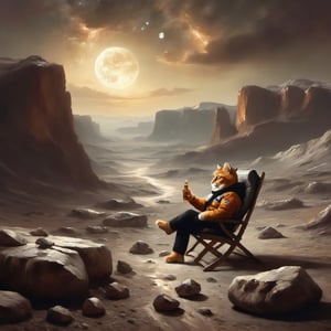 Oil painting of a cat enjoying a beer on the lunar surface, surrounded by rocky terrain, desolate and otherworldly landscape,digital painting