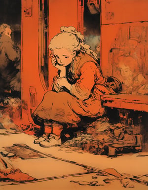 Drawing Etching, Anime. Girl holding a phone, sitting on train,  red interior, rust, garbage on the floor, broken bottles, r3mbr4ndt, art by Rembrandt