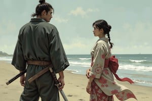 oil painting. Illustrate a deeply emotional and dramatic scene between a ronin and his girlfriend at a seaside, set during their final goodbye. The ronin, dressed in worn-out traditional samurai robes, stands solemnly with his hand resting on the hilt of his katana. His girlfriend, wearing a flowing kimono, stands far apart from him, her expression filled with sorrow and longing. They are gazing intensely at each other, the distance between them symbolizing the emotional rift as they say their farewells. The backdrop is a serene, yet melancholic, seaside with waves gently lapping at the shore,