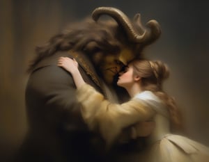 Oil painting of Emma Watson as Beauty kissing the Beast, art by Rembrandt  r3mbr4ndt