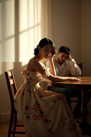 3d octane render, dreamy art of aminimalist Colorful balenziaga, shaping lighting and shadows, cosy lo-fi setting intimate scene with two people in a sunlit room. A young lo-fi woman in an elegant, flowing dress with floral patterns sits beside a round, dark wooden table. She leans slightly, her face turned away, revealing a soft, serene expression. Her dress gently cascades. The man, seated behind her with his hand on his forehead, appears deep in thought. 