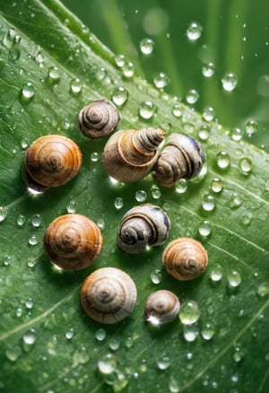 Photo of a nail with tranparent, rainbow-colored shells. These snails are peacefully sliding across a verdant green leaf which is covered with dewdrops, reflecting and refracting the sunlight into countless tiny prisms. 