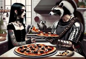 Profile of Goth girl with piercing and tattoo, cooking beans over pizza, while roman legionares catches raccoons in the kitchen