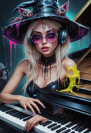 Digital painting, detailed perfect gorgeous face, playing a piano, bear, liquid melting skin. glowing neon colors, fantasy, gothic, pale color, witch hat, sunglasses, glitterspider, big eyes, luis royo, oil painting, heavy strokes, paint dripping. headphones,The scene includes realistic details of the piano and the immediate surroundings, emphasizing the details