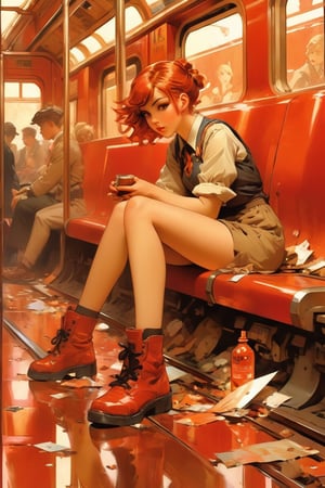 anime artwork, Girl, sitting on train, red interior, rust, garbage on the floor, broken bottles, art by J.C. Leyendecker . anime style, key visual, vibrant, studio anime, highly detailed,ClassipeintXL,LaxpeintXL