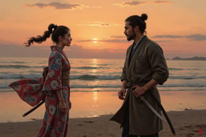 oil painting. A deeply emotional and dramatic scene between a ronin and his girlfriend at a seaside, set during their final goodbye. The ronin, dressed in worn-out traditional samurai robes, stands solemnly with his hand resting on the hilt of his katana. His girlfriend, wearing a flowing kimono, stands far apart from him, her expression filled with sorrow and longing. They are gazing intensely at each other, the distance between them symbolizing the emotional rift as they say their farewells. The backdrop is a serene, yet melancholic, seaside with waves gently lapping at the shore, and the setting sun casting long shadows and a golden glow over the scene. The sky is painted with hues of orange and pink, adding to the bittersweet atmosphere. The overall composition captures the profound emotion of separation and unspoken love.