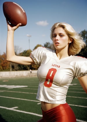 Photo, Closeup blonde female quarterback throwing a football, showing midriff. Canon 5d mark 4, Kodak ektar, style by J.C. Leyendecker