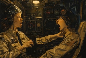 Photo,  Female pilot,  screaming,  inside cockpit,  ww2,  canon 5d mark 4,  neon light,  kodak ektar,  art by J.C. Leyendecker