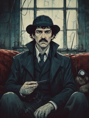 Closeup of a Sherlock Holmes, wearig a Deerstalker, bored, sitting on a sofa, injecting cocaine with a needle.