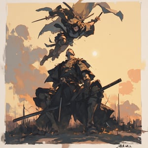 sketch painting. A shot from the ground up. A Samurai lifting his head upward. Above him, a female ninja is attacking. She holds a short dagger, The scene is illuminated by the soft glow of the setting sun