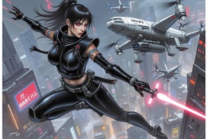 Finely intricate details, lots of pencil strokes, a color masterpiece comics scribbled illustration, A cybernetic female ninja clad in sleek black leather, mid-action as she leaps off a hovering drone. Her body is a blend of human and advanced robotics, with glowing circuits running through her limbs. In her hand, she wields a glowing lightsaber, slicing through the air with a vibrant neon blade. Her expression is fierce and determined, with glowing red eyes reflecting the intensity of the fight. The futuristic cityscape below her is filled with neon lights, towering buildings, and other drones buzzing around. The dynamic action captures the essence of high-tech combat and stealth.