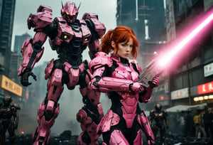  A cinematic film still of a redhead in a pink-powered armor suit, shooting at giant black mecha. 
BREAK
The heroine's armor is adorned with intricate designs and a retractable shroud, revealing her determination and strength. The background is a dystopian cityscape, with buildings crumbling and people caught in the crossfire. Style by Masamune Shirow. Canon 5d Mark 4, Kodak Ektar, 35mm 