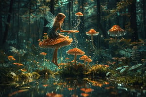 Close up photo of a ((earth fairy)) gliding over mushroom, reflections in the water, night scene. In the style of double exposure, Art Nouveau, long exposure, layered lines, chiaroscuro, absurdres, Long_Exposure ral-exposure, 