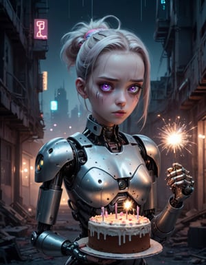 A sad android girl, led eyes, with metallic robot body, holding a sparkler beside her birthday cake, crumbling cyberpunk ruin in the background, night scene